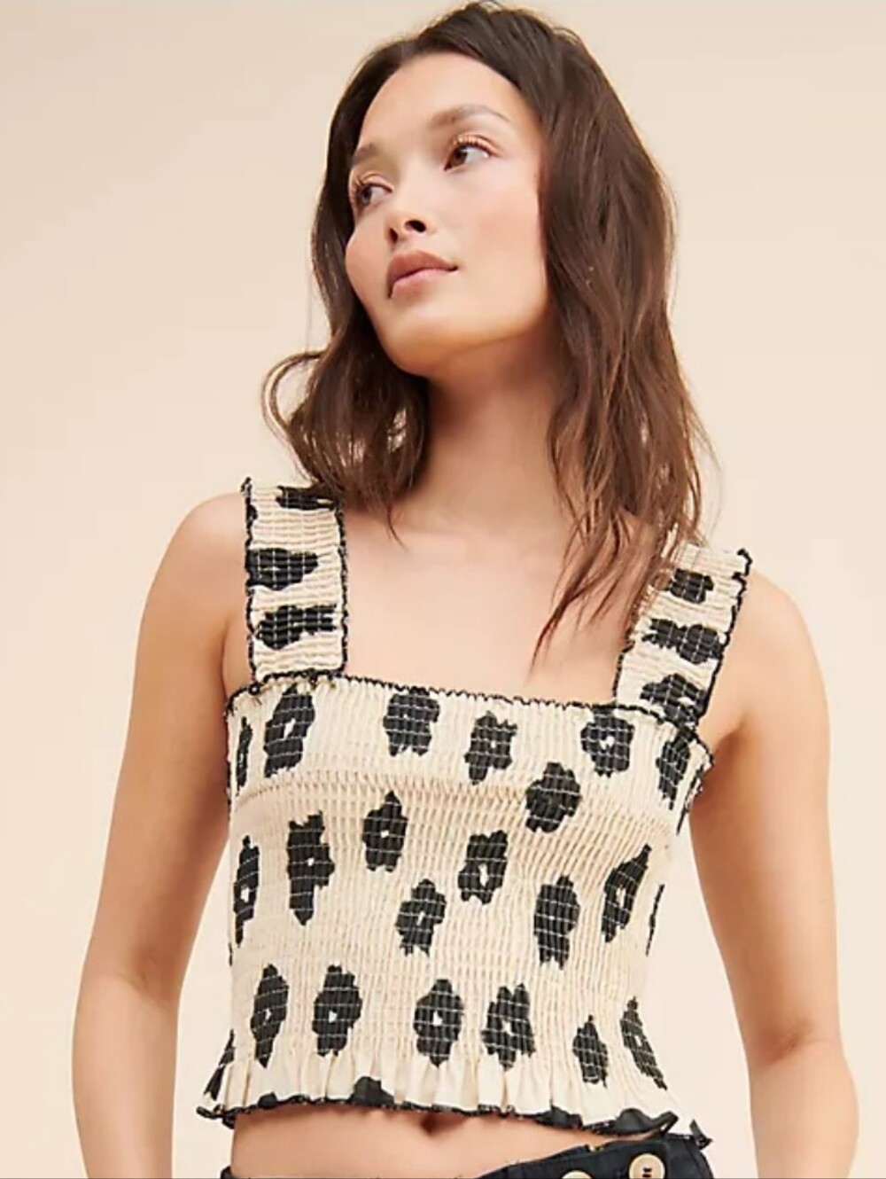 Rita Row Katherine Smocked Tank Top Cropped Floral Linen Blend Anthropologie XS
